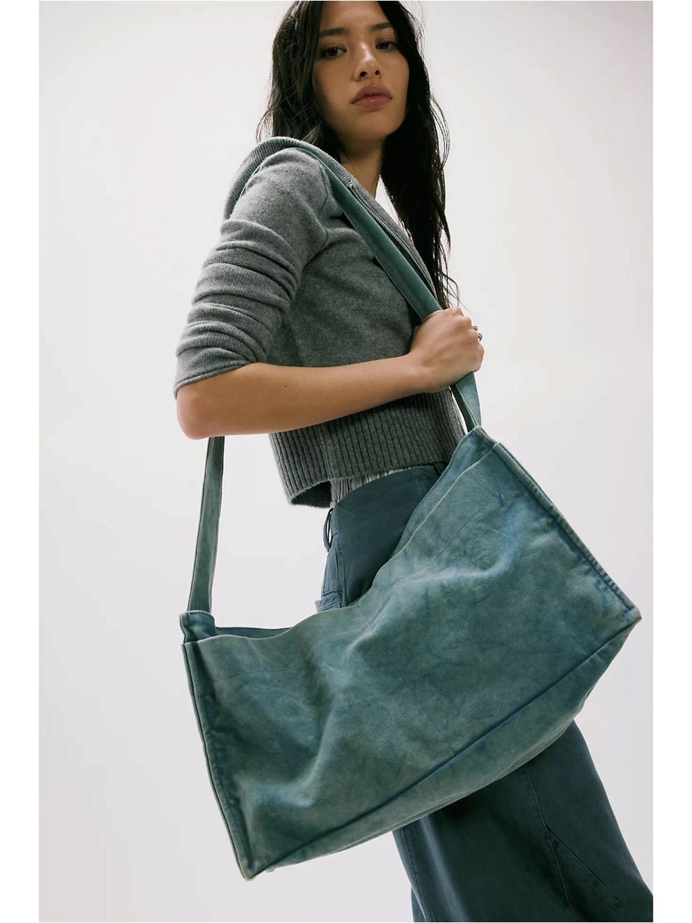 Free People Grunge 90s Canvas Camp Crush Sling Shoulder Bag Distressed Blue NWT
